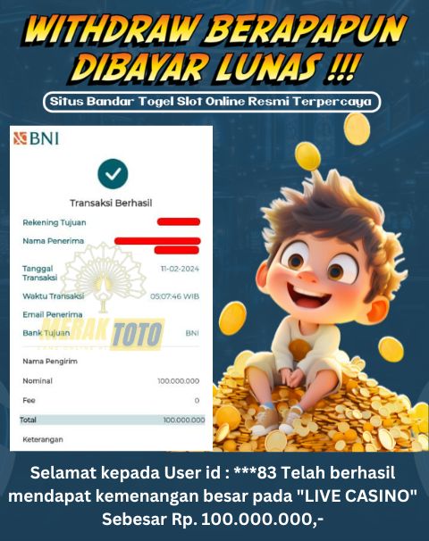 Selamat kepada User id : ***83 Telah berhasil mendapat kemenangan besar pada LIVE CASINO Sebesar Rp. 100.000.000,-