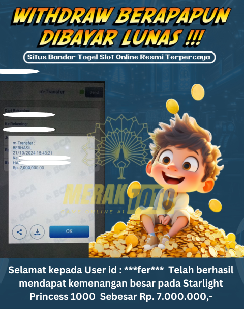 Selamat kepada User id : ***fer***  Telah berhasil mendapat kemenangan besar pada Starlight Princess 1000  Sebesar Rp. 7.000.000,-